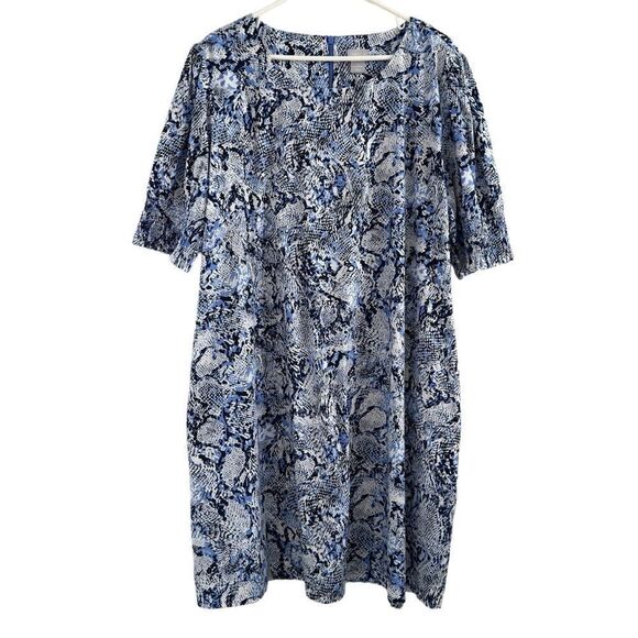 Chicos Smocked Puff Sleeve Dress Blue Reptile Print Midi Dress Women’s 20/22 (4) - Picture 1 of 6